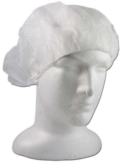 Mediflex white PPE bouffant caps f displayed on a mannequin head for hygienic protection
