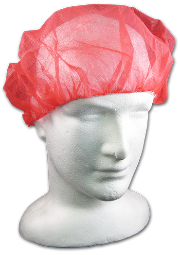 Mediflex red bouffant caps for healthcare displayed on white mannequin head against black background