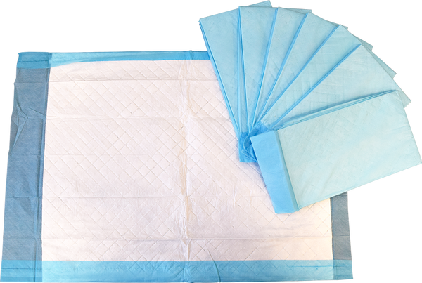 Mediflex disposable absorbent underpad in white with blue edges stacked on black background