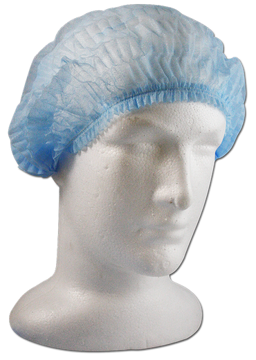 Mediflex disposable crimp cap in light blue worn on mannequin head for hygiene protection