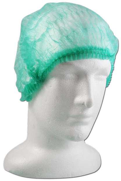 Mediflex disposable crimp cap in green worn on mannequin head for PPE use