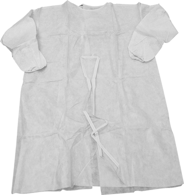 Mediflex white disposable isolation gown with long sleeves and tie closures on black background