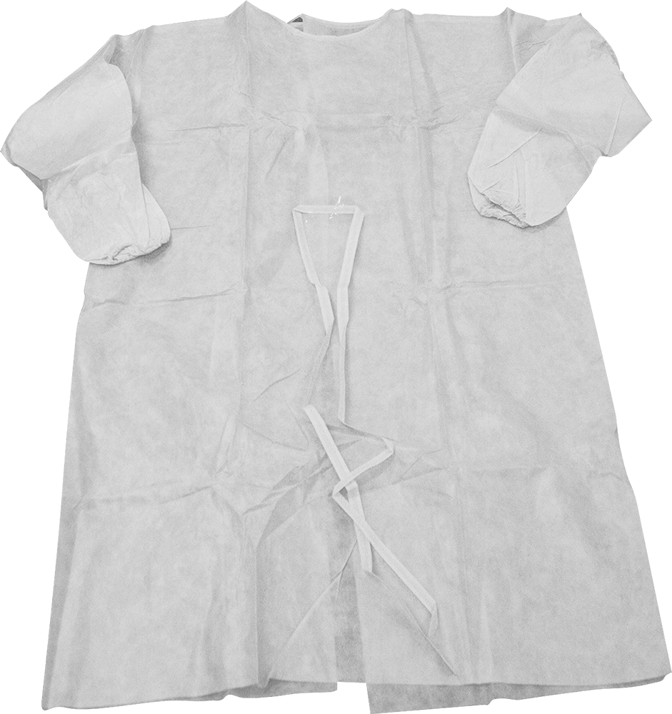 Mediflex white disposable isolation gown with long sleeves and tie closures on black background