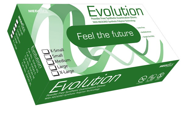 Evolution green neoprene gloves packaging box with multiple size options and powder-free synthetic examination gloves