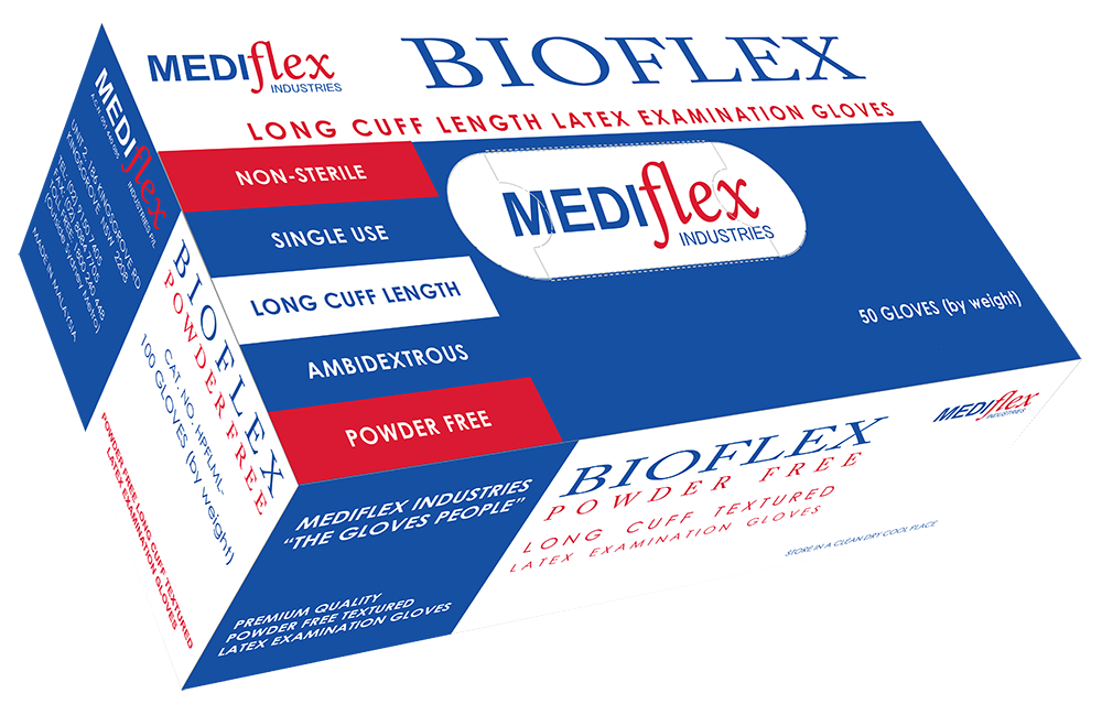 Bioflex Powder Free Long Cuff Latex Gloves (100) - Mediflex Industries