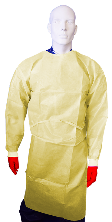 Mediflex impervious disposable isolation gown in yellow worn on mannequin with red gloves for PPE protection