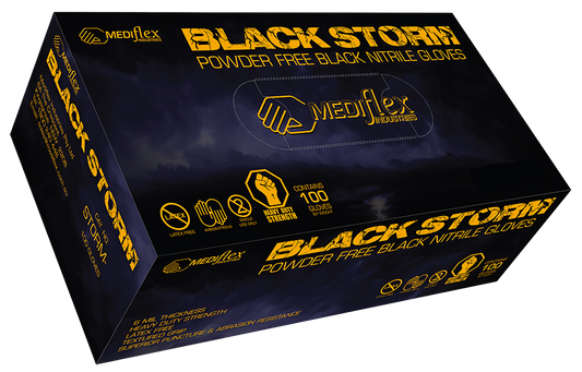 Black Storm box of powder free black nitrile gloves by Mediflex with 100 gloves inside
