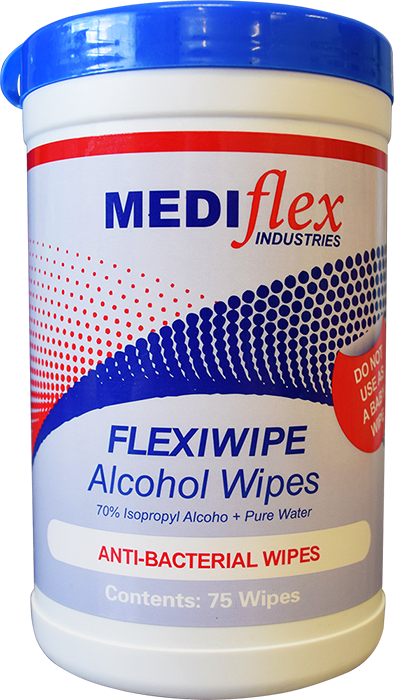 Flexiwipe Isopropyl Alcohol Wipes container with 75 antibacterial wipes for cleaning and disinfecting