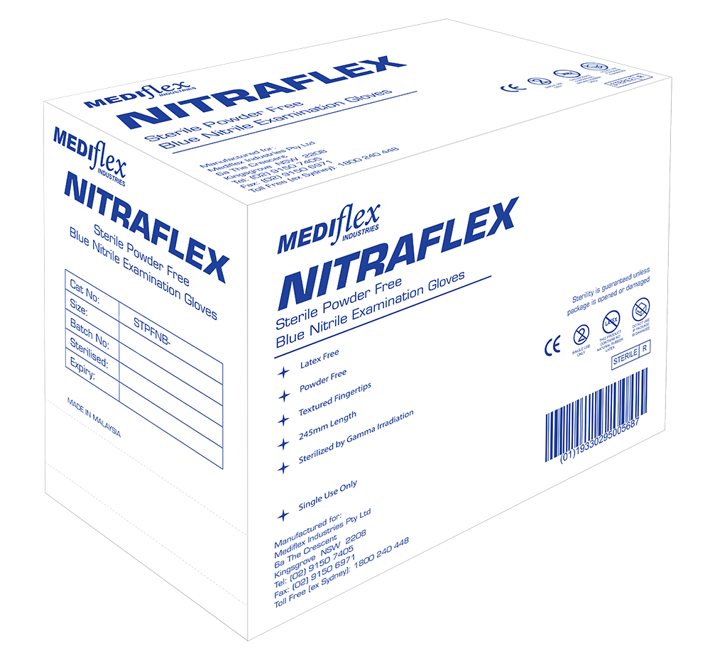 Box of Nitraflex sterile nitrile gloves powder free blue examination gloves by Mediflex