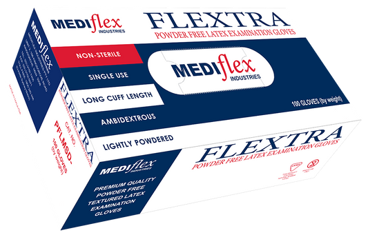 Flextra powder free latex gloves box with 100 non-sterile single-use examination gloves