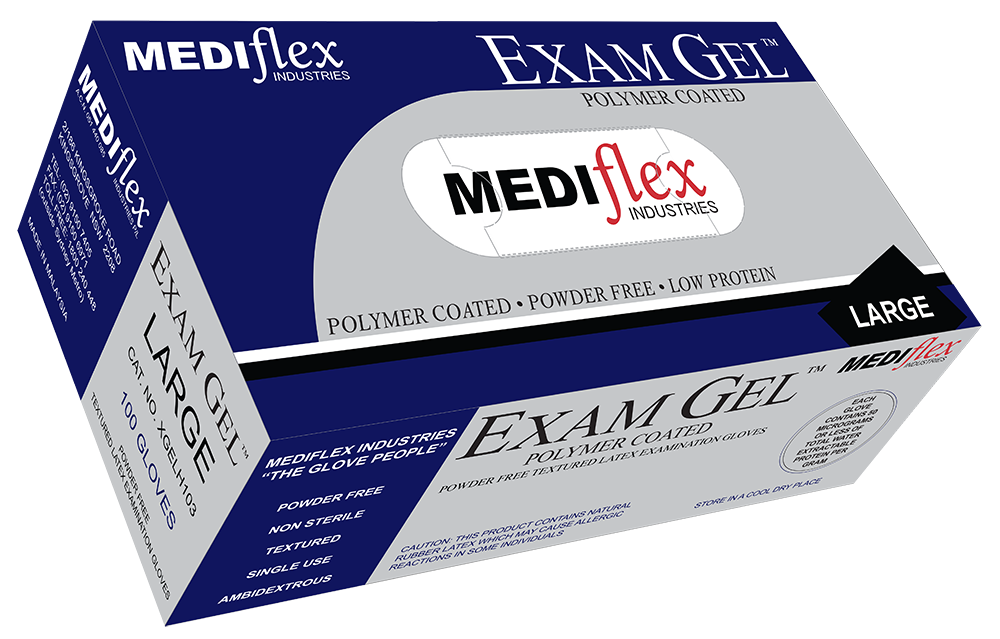 Exam Gel powder free latex gloves in large size with polymer coated texture by Mediflex