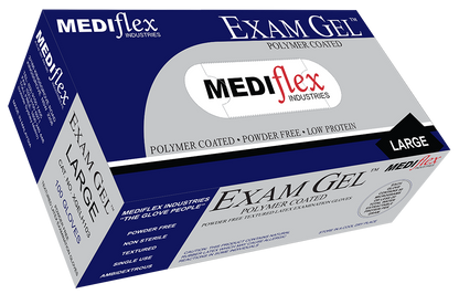 Exam Gel powder free latex gloves in large size with polymer coated texture by Mediflex