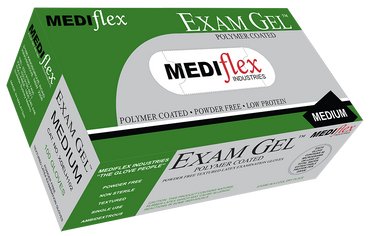 Exam Gel MEDIflex medium size powder free latex gloves in labeled green and gray box
