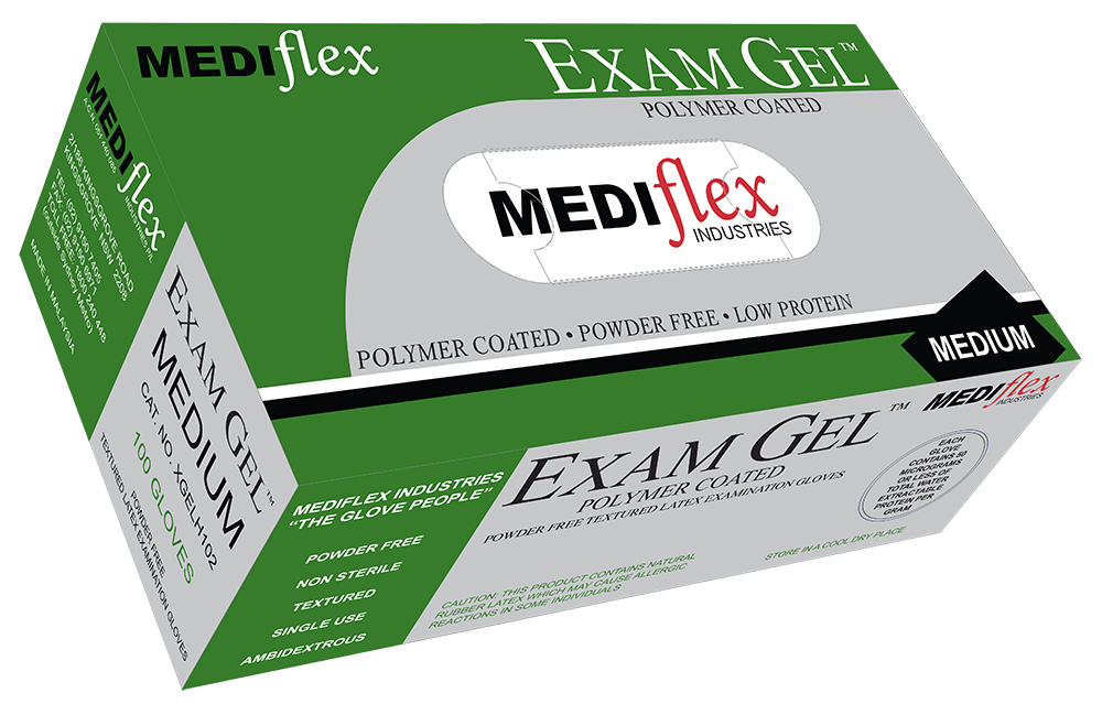 Exam Gel MEDIflex medium size powder free latex gloves in labeled green and gray box