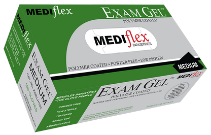 Exam Gel MEDIflex medium size powder free latex gloves in labeled green and gray box
