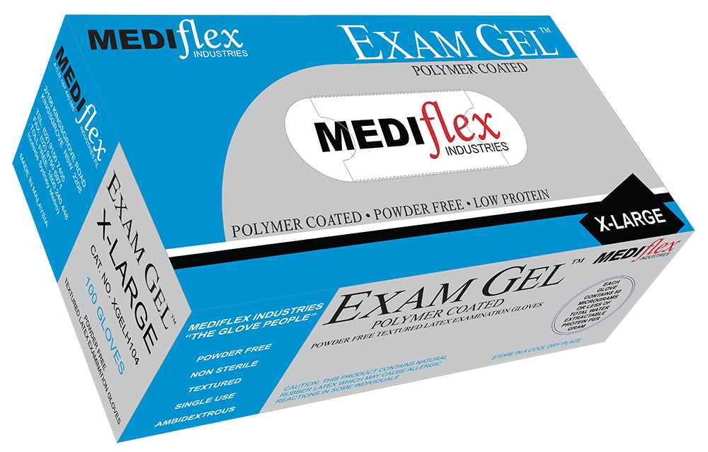 Box of Exam Gel powder free latex gloves in extra large size with polymer coating
