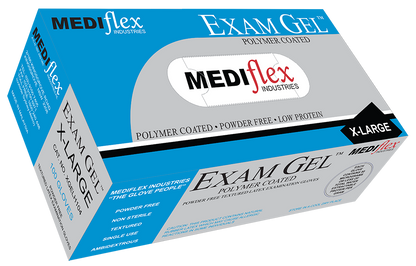 Box of Exam Gel powder free latex gloves in extra large size with polymer coating
