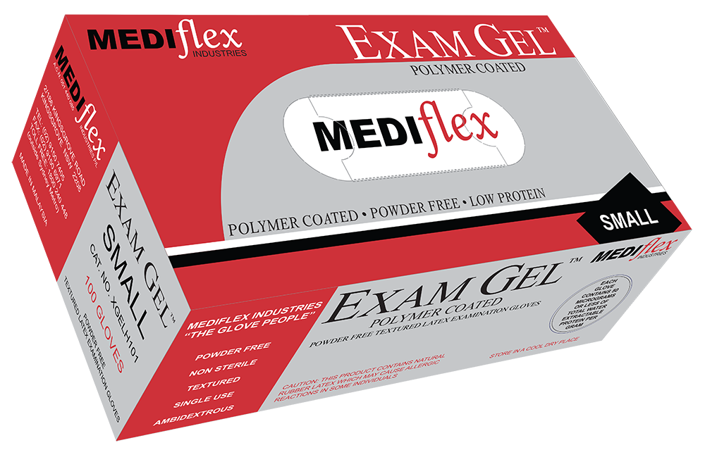 Exam Gel MEDIflex small powder free latex gloves box with polymer coated textured gloves