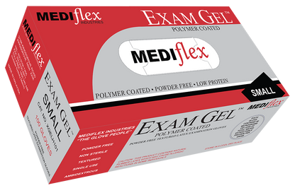 Exam Gel MEDIflex small powder free latex gloves box with polymer coated textured gloves