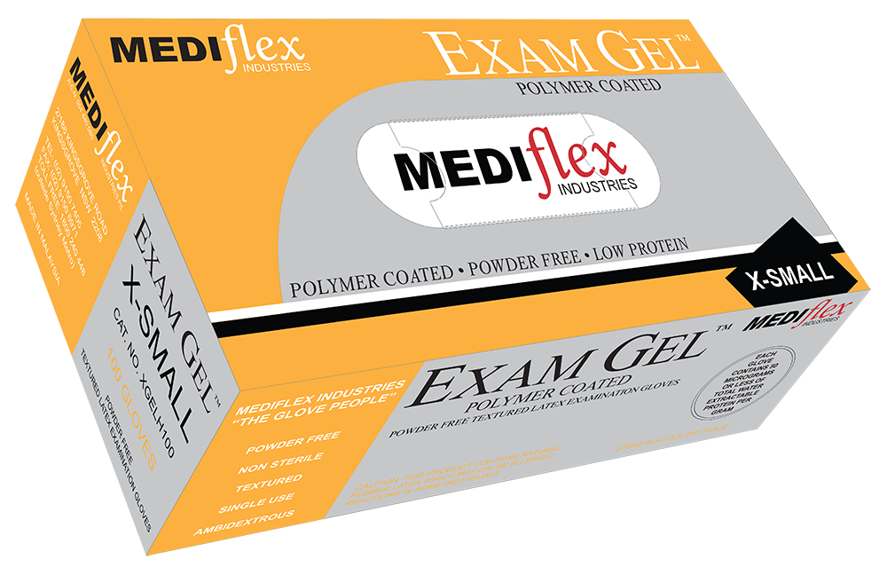 Exam Gel powder free latex gloves by MEDIflex in extra small size polymer coated for medical use