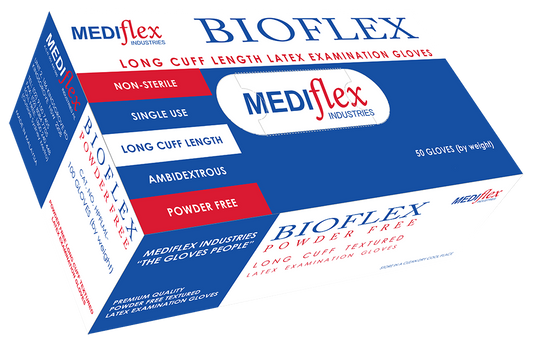 Bioflex powder free long cuff latex examination gloves box with 50 non-sterile ambidextrous gloves