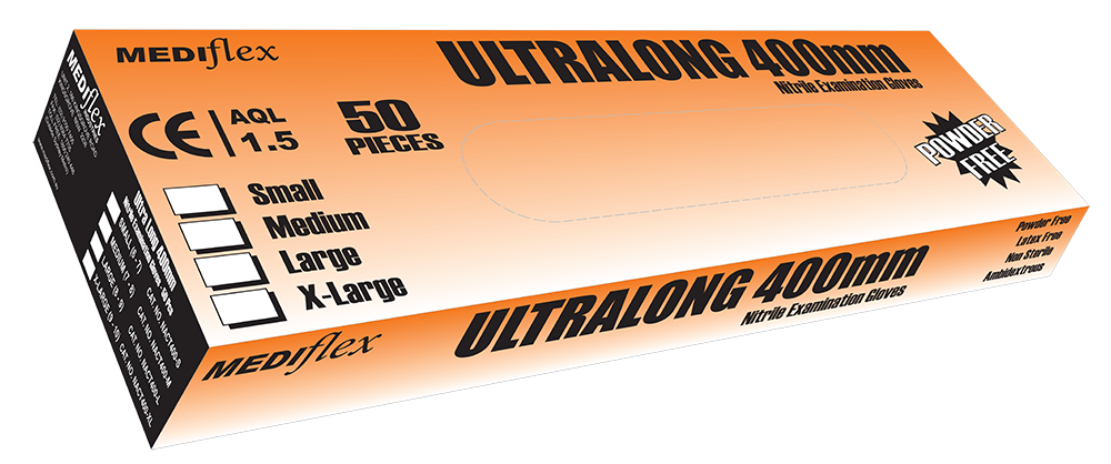 Ultralong 400mm powder free nitrile gauntlet gloves box with 50 pieces for protective use