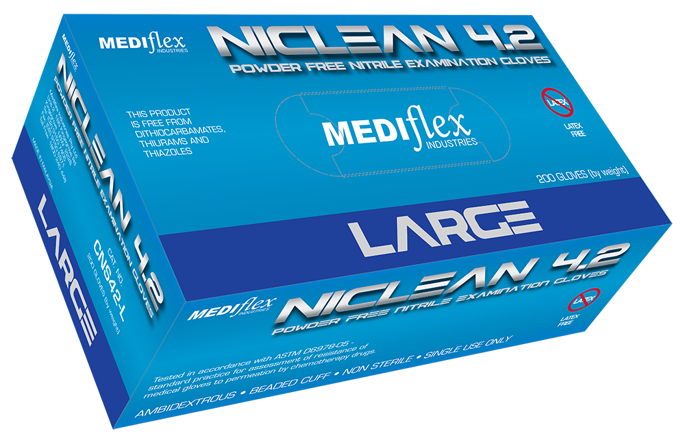 Niclean large powder free nitrile gloves box by Mediflex with ambidextrous non-sterile gloves