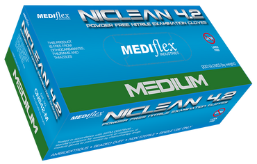 Niclean 42 powder free nitrile gloves medium size box with 200 gloves for examination