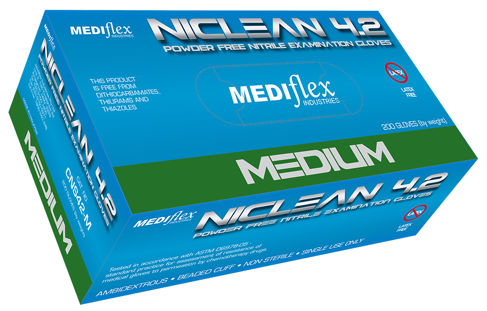 Niclean 42 powder free nitrile gloves medium size box with 200 gloves for examination