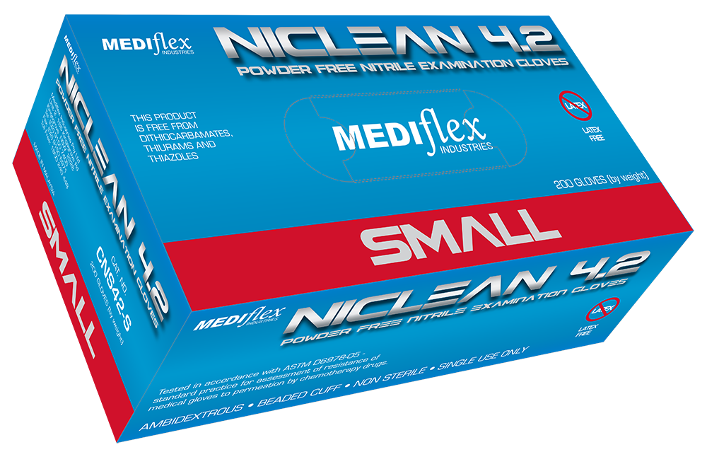 Niclean powder free nitrile gloves small size box with 200 gloves blue and red packaging