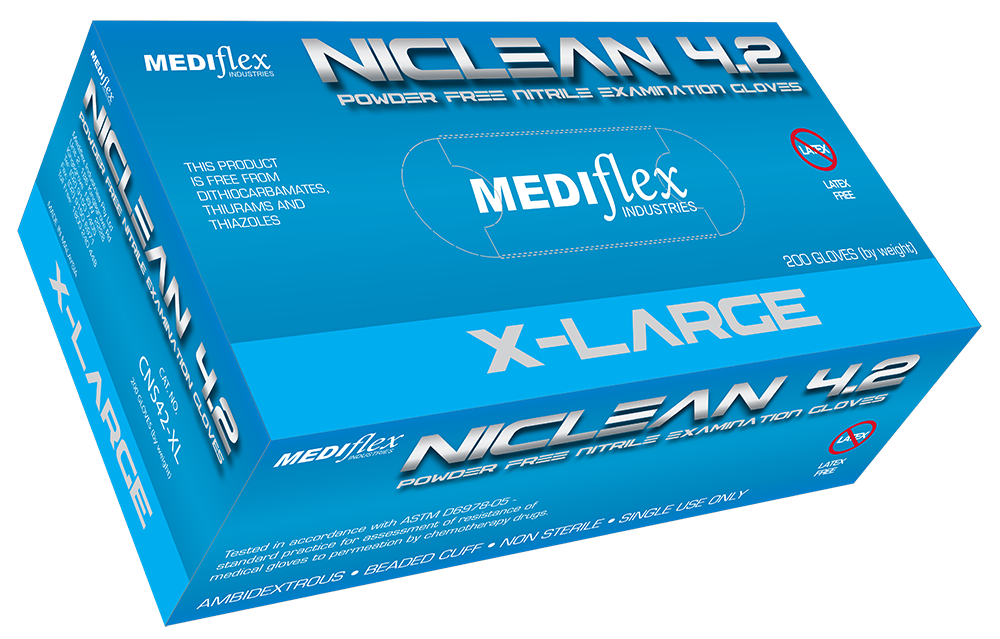 Niclean powder free nitrile gloves box in size X-Large with 250 gloves per box