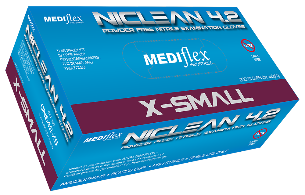 Niclean powder free nitrile gloves X-small size box with 250 gloves for examination