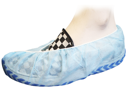Mediflex non-slip shoe covers PPE in blue worn on checkered slip-on shoe for safety