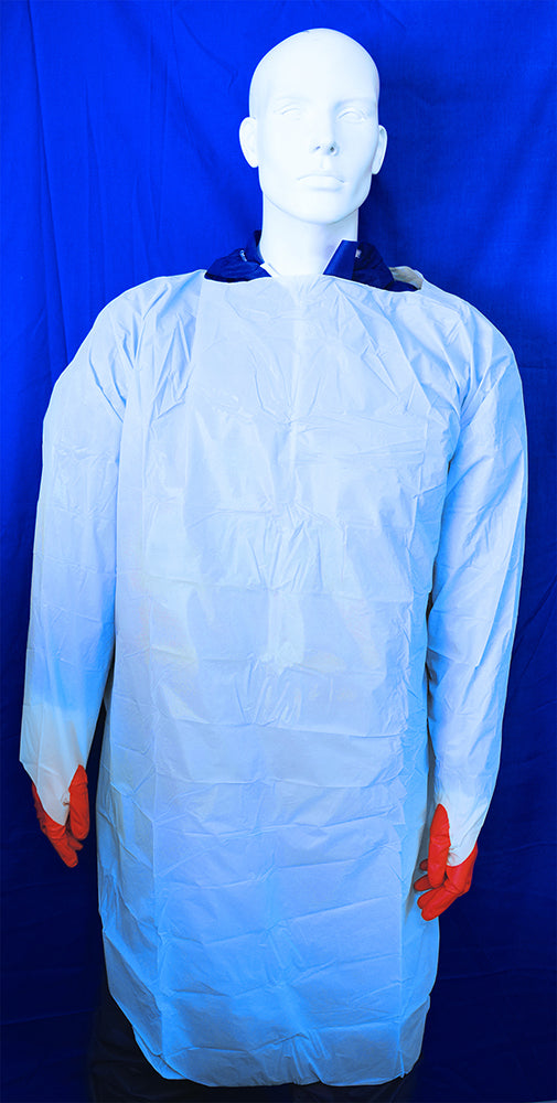 Mediflex thumb gown medical PPE white protective gown worn by mannequin with orange gloves