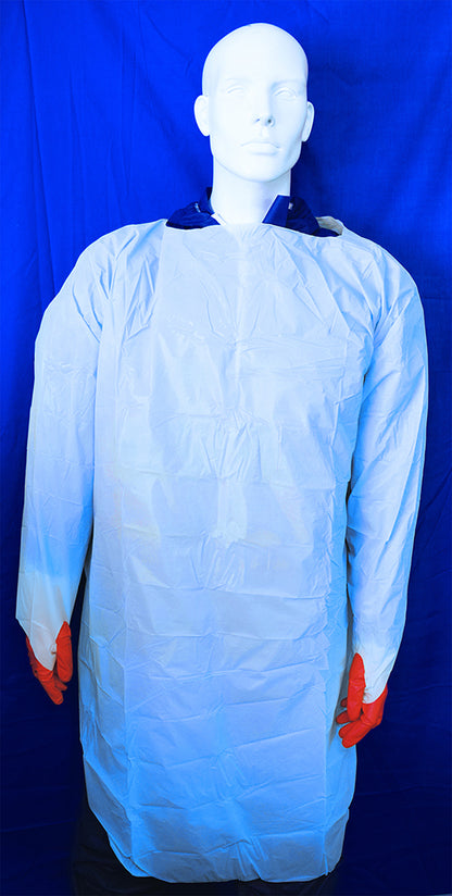 Mediflex thumb gown medical PPE white protective gown worn by mannequin with orange gloves