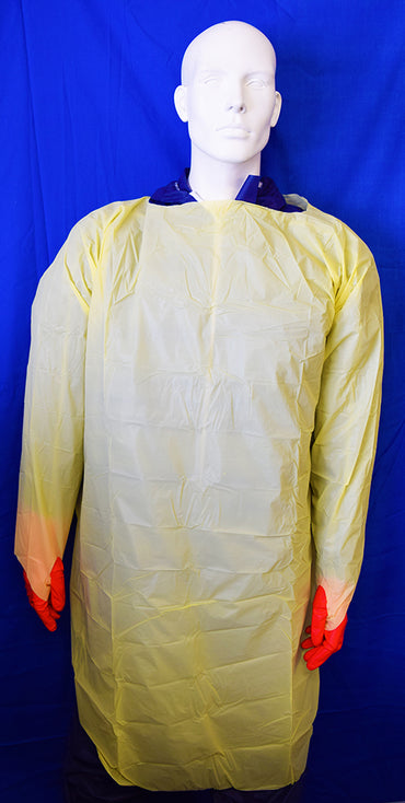 Mediflex yellow thumb gown medical PPE worn on mannequin with red gloves against blue background
